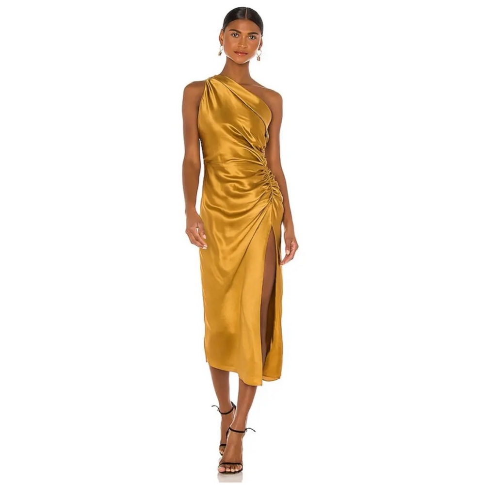 Michelle Mason Asymmetrical Gathered Dress In Mustard.